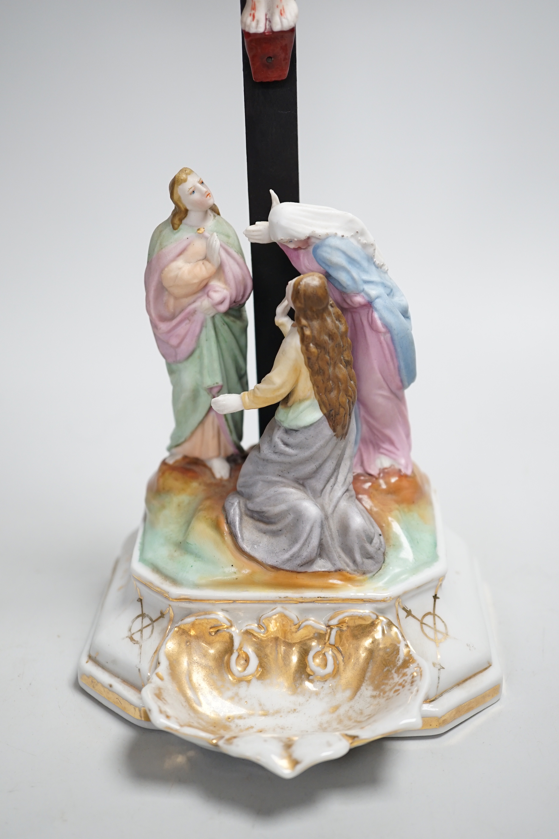 19th century Belgium Bisque Crucifixion water stoop, 38cm high